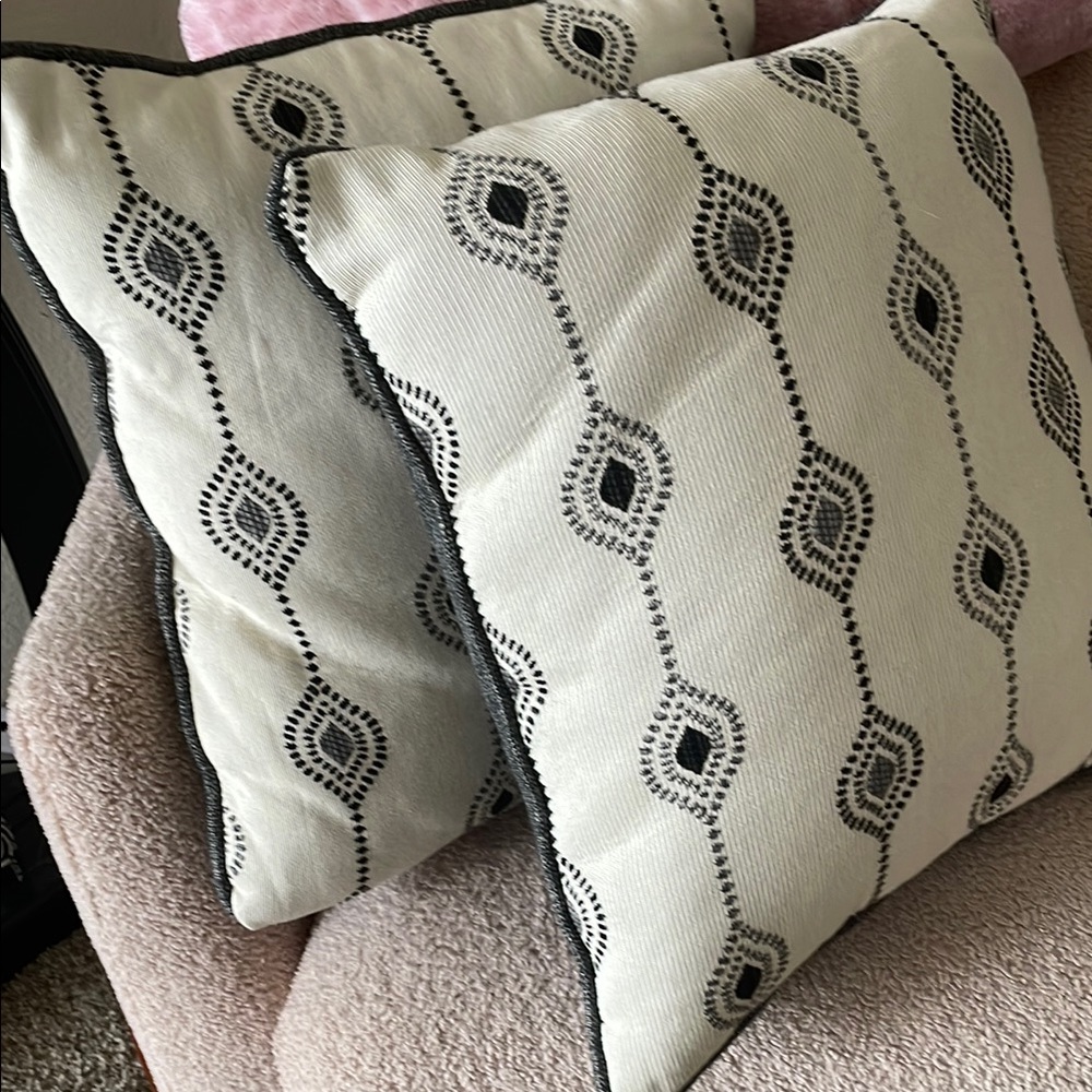 Black and White Embroidered Accent Pillow with Textured Design